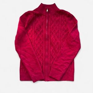 Talbots Red Cable Knit Zip-Up Statement Sweater - Cabin Core, Nordic, Fair Isle
